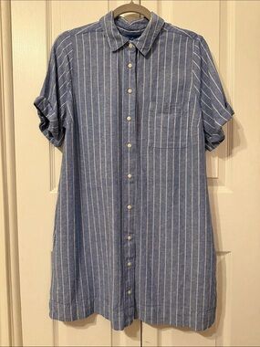 H&M Blue Pinstripe Linen Short-Sleeve Shirtdress